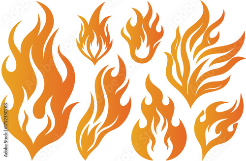 Collection of stylized fiery flames in various shapes and sizes on a white background