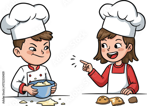 Cartoon children chefs, boy and girl baking, cooking teamwork, kitchen fun, cookies, chocolate, dough mixing, culinary learning, playful kids, food