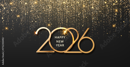 Celebration New Year 2026 gold number. Christmas Holiday poster with luxury golden glitter shining in light with sparkles abstract celebration design