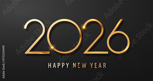 2026 New Year gold number on black background. New year luxury greeting design for poster, flyer, invitation, postcard, advertising.
