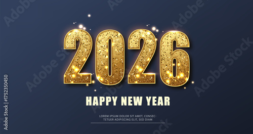 Happy New Year 2026 banner with golden luxury glitter number. Christmas Holiday Design