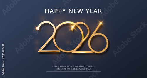 2026 Happy New Year banner with golden numbers and glitters. Merry Christmas holiday poster or wallpaper design.