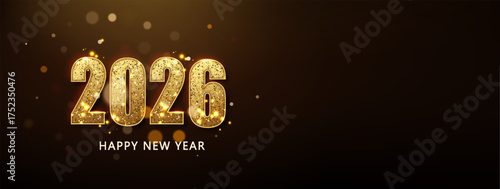 2026 Happy New Year greeting card. Gold numbers with golden falling confetti decoration and glow light effect. Holiday design background