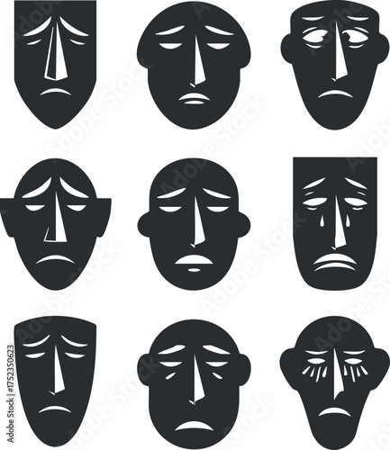Collection of nine abstract sad face silhouettes showing various expressions in black and white.