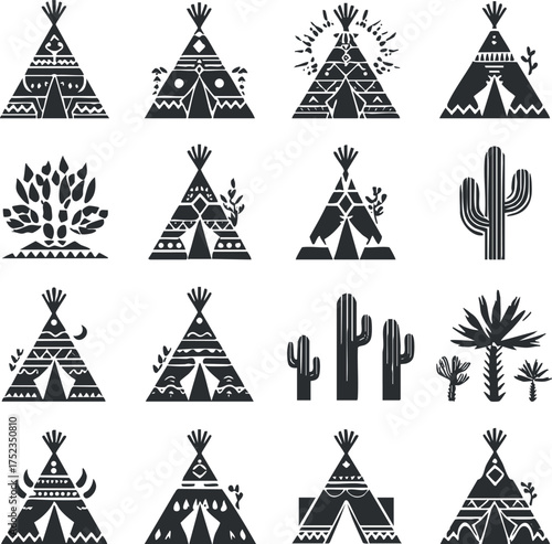Monochrome vector illustration featuring tribal teepee and cactus patterns in a geometric design.