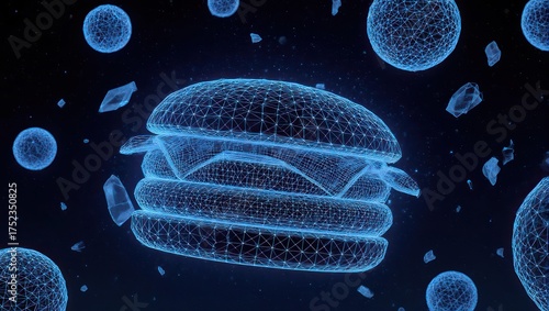Abstract digital rendering of a hamburger with glowing lines and scattered particles