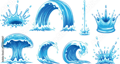 Collection of dynamic water splashes, waves, and fountains illustrating the fluid nature of water in motion