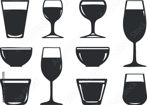 Silhouette illustration of various glassware types including wineglasses, cups, and goblets.