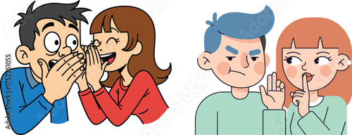 Cartoon illustration of gossip, whispering secrets, private conversation, secrecy, suspicious expressions, shh gesture, communication, rumor, people talking, facial emotions