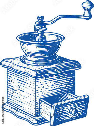 Engraving art illustration of a vintage coffee grinder, showcasing its intricate design and classic appeal isolated on white background