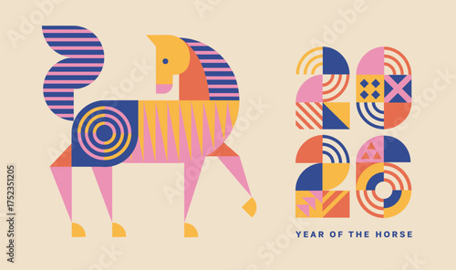 Greeting card for 2026 New Year with geometric horse. Isolated horse and numbers from simple geometric shapes and figures. Template for invitation, poster, flyer, web. Vector illustration .