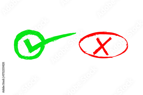 Green check mark and red cross hand-drawn symbols isolated on black background