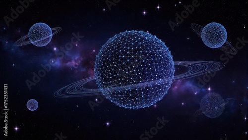 Abstract digital representation of planets with rings in a starry, nebula-filled cosmic background