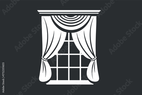 Silhouette of a window with elegant drapes on a black background, showcasing classic decor.