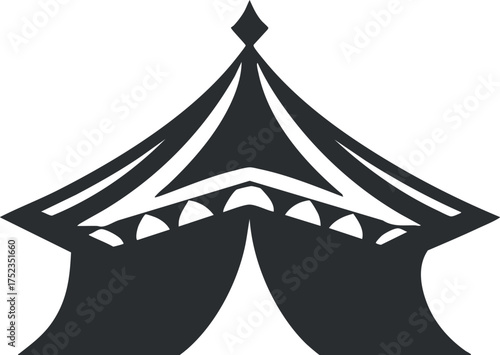 Black and white silhouette of a circus tent icon with a minimalist design.