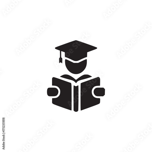 Vector art of a black silhouette of a student reading a book while wearing a graduation cap, the image represents education, learning, and academic achievement