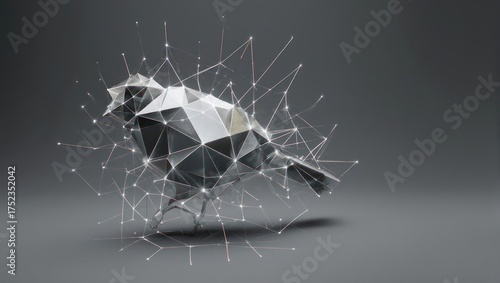 Abstract, geometric bird with metallic texture and connecting nodes on a gray background