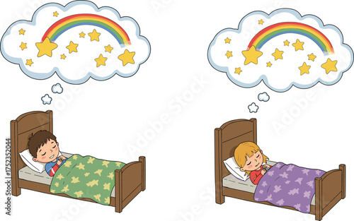 Children sleeping in beds, dreaming of stars and rainbow, peaceful night rest, cute boy and girl illustration, childhood imagination, fantasy dreams