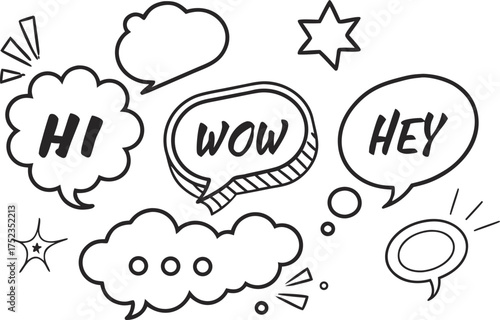 Hand drawn doodle speech bubbles and stars with words hi wow and hey