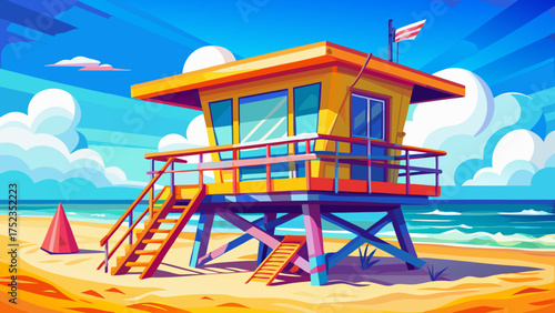 Very beautiful colorful lifeguard hut standing on sandy Miami Beach with turquoise waves, blue sky, and sunlight reflecting on calm ocean water.
