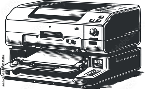 Detailed black and white illustration of a multifunction inkjet printer used in offices.