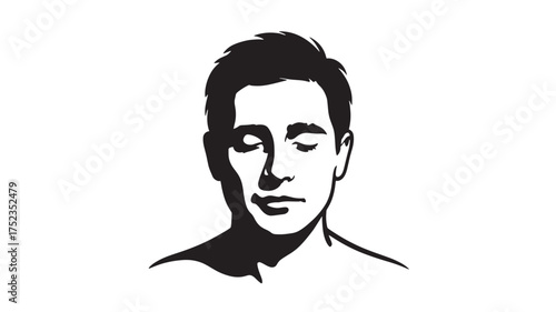Monochrome portrait of a man with eyes closed vector illustration for meditation and relaxation concepts isolated on white background