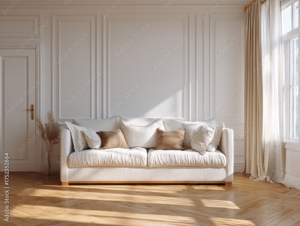 Fototapeta premium A white couch is in a room with a tan curtain