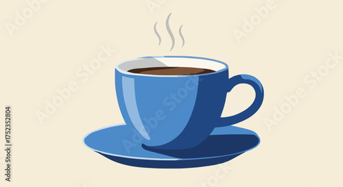 Invigorating hot coffee steaming in a vibrant blue ceramic cup and saucer, perfect for morning energy and cozy moments, evoking warmth and comfort.
