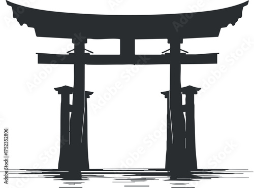 Silhouette of a traditional Japanese torii gate over water, symbolizing cultural heritage and spirituality.