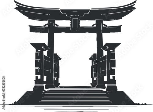 Black and white illustration of a traditional Japanese torii gate with stairs and pathway.