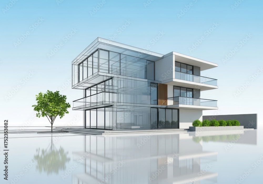 Fototapeta premium A modern glass house with clean lines and a minimalist design stands against a clear blue sky