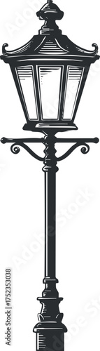 Black and white illustration of a vintage street lamp with ornate design and classic style.