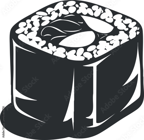 Black and white vector illustration of a sushi roll with stylized details.
