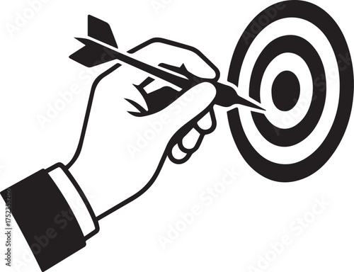 Hand gesture holding dart aiming at target vector black and white minimal concept icon