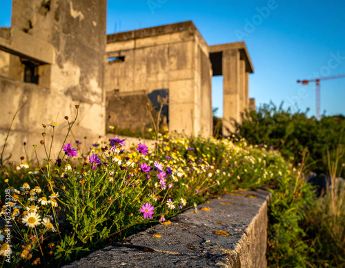 Wildflowers on a Concrete Ledge with Ruins