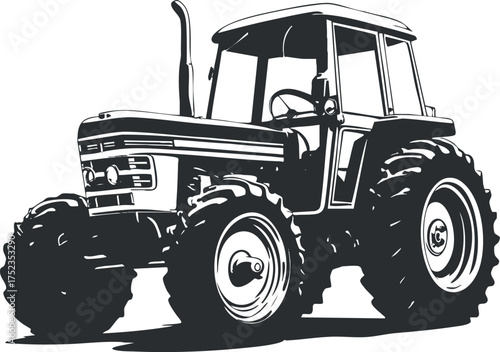 Black and white illustration of a tractor, highlighting agricultural machinery and rural equipment.