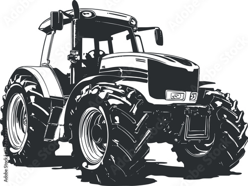 Black and white illustration of a tractor, emphasizing agricultural machinery and rural farming equipment.