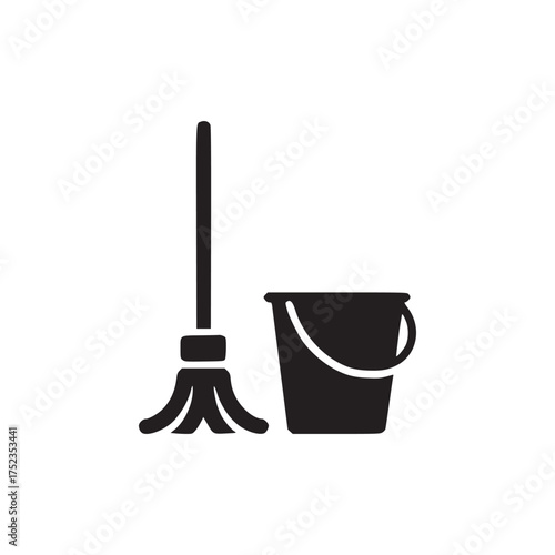 Vector art of mop and bucket icon cleaning service equipment, floor washing tool, housekeeping supplies, hygiene and sanitation, household chores, vector illustration