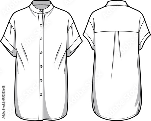 Short sleeve shirt with button placket, band collar, back yoke and pleat, cad drawing flat vector illustration, fashion sketch