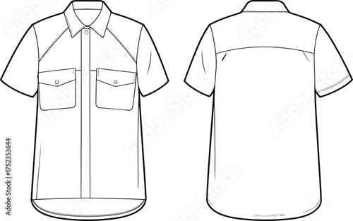 Short sleeve utility shirt CAD sketch, front and back technical vector with flap pockets and curved hem for fashion design