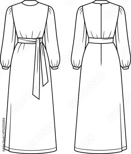
Full-Length Long Sleeve Belted Maxi Dress Fashion CAD Drawing Flat Vector Illustration with Empire Waist and Voluminous Sleeves for Women, Elegant and Modest Apparel Design, Technical Sketch