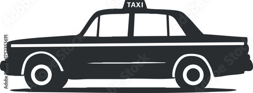 Silhouette of a classic taxi car in black and white, showing a side view illustration.