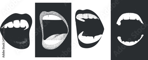 Black and white illustration featuring abstract lips and teeth in various expressive designs.