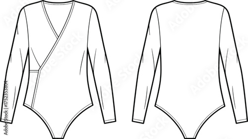 Wrap Long Sleeve Bodysuit CAD Drawing, Women’s Fashion Flat Sketch, Bodysuit Design Vector Template for Sewing Patterns and Apparel