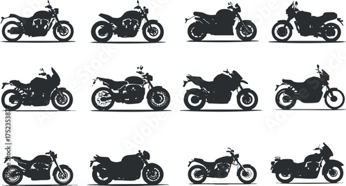 Collection of twelve motorcycle silhouettes showcasing different styles and designs in black and white.