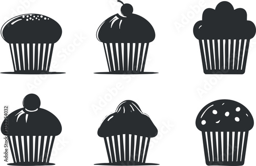 Black and white silhouettes of various cupcake designs, showcasing different shapes and decorations.