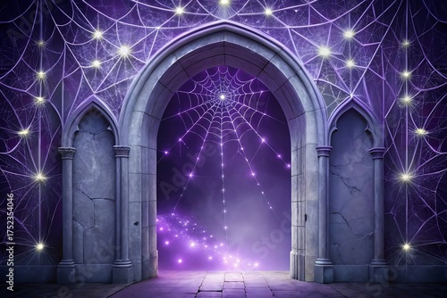 Mysterious gothic archway illuminated by magical purple lights and stars in an enchanted cathedral