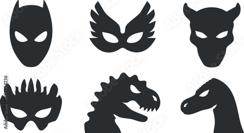Set of six black silhouette masks including fantasy and animal designs for costume use.
