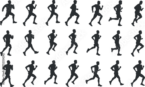 Silhouettes of running figures depicting various stages of jogging for fitness and exercise.