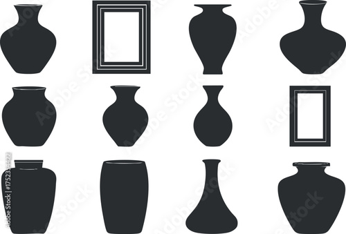 Collection of black vase silhouettes and frames on a white background, showcasing various designs.